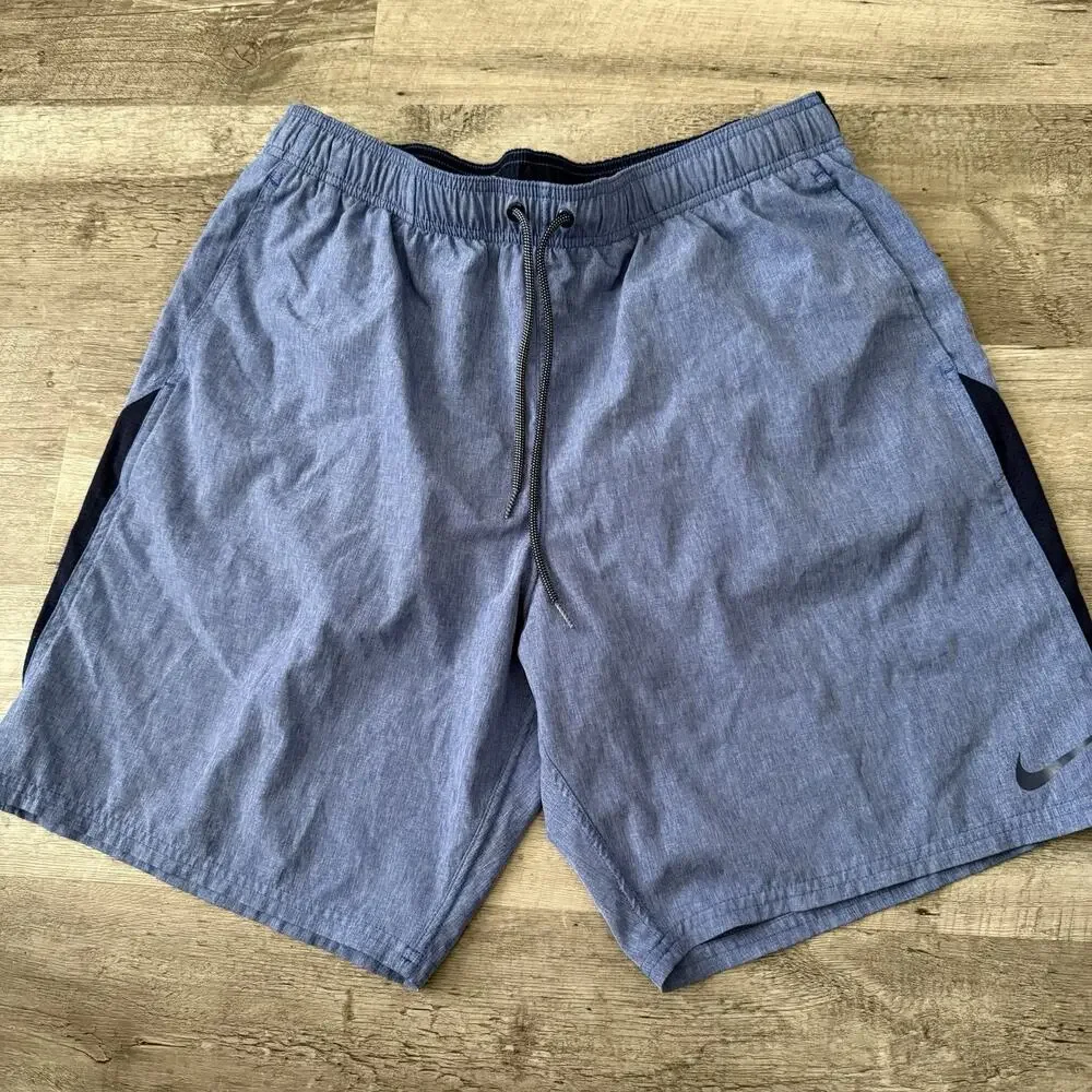 Nike Swim Trunks Mens Size XL Elastic Waist Blue Black Longer Length Spell Out